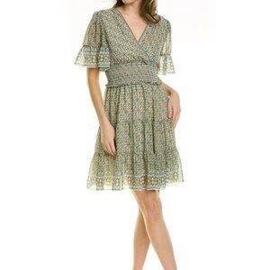 Max Studio Short Sleeve Tiered Cream and Green Fleur-de-lis Patterned Dress Med